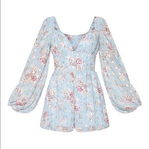 DUSTY BLUE FLORAL FLOATY PLUNGE CHIFFON ROMPER